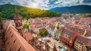 Arial View Of The City Of Freiburg At The Foothills Of The Black Forest