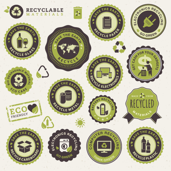 Sustainable Event Badges Assorted eco badges and icons on a beige background, featuring 'Save the Earth' and recycling symbols in green and brown tones.